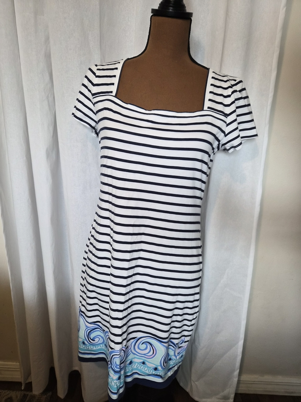 Lilly Pulitzer Navy and White Striped Midi Dress with Blue Border Print